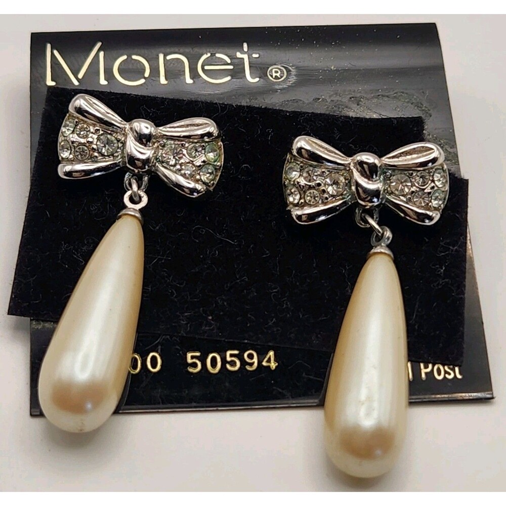 Vintage Monet Rhinestone Bow and Teardrop Pearl Earrings